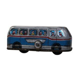 Vintage Kanto Wind-Up Tin Toy Bus With Colorful Graphics & Working Mechanism